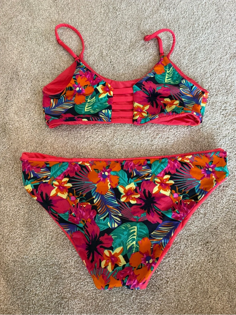 Mare Cheia Reversible Tropical Floral Bikini Set Coral Pink Women’s S/M Est